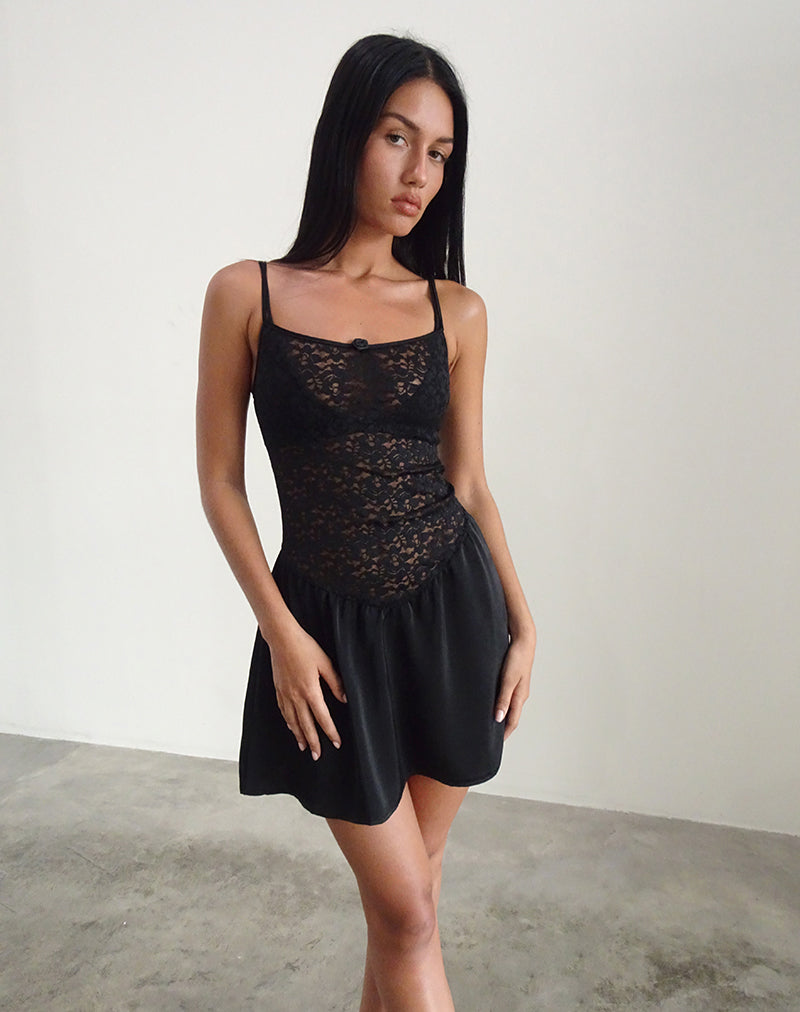 Black lace satin slip dress hotsell