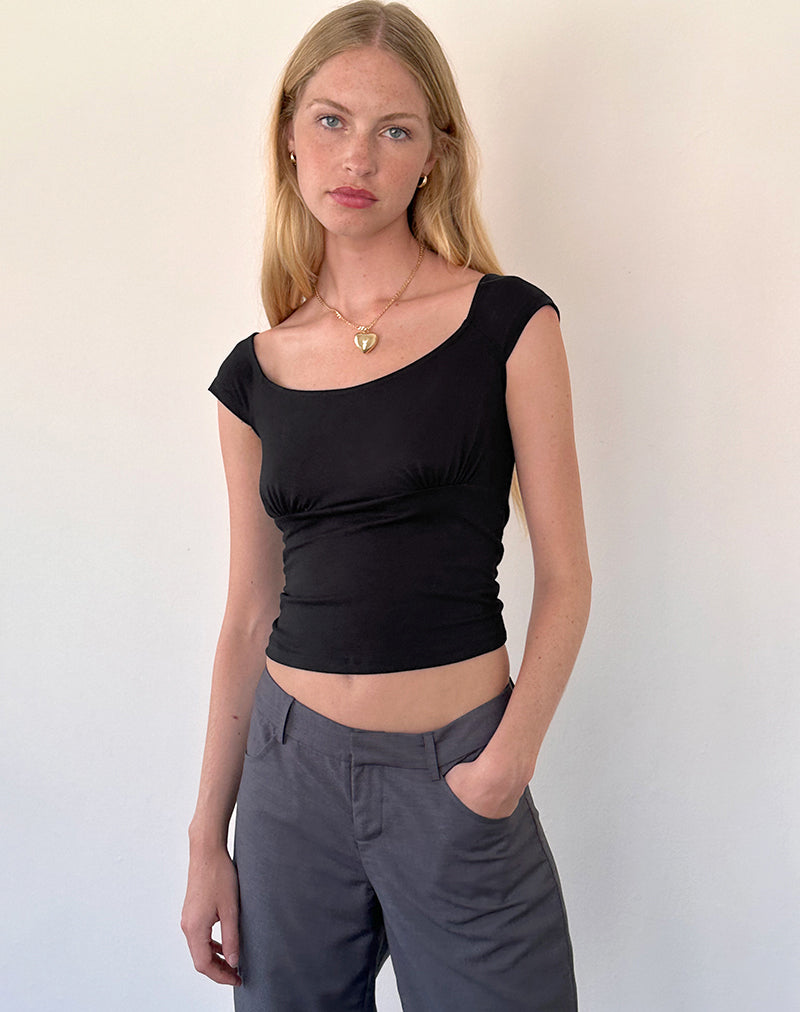 Cherita Top - Boat Neck Thin Strap Cami Top in Black