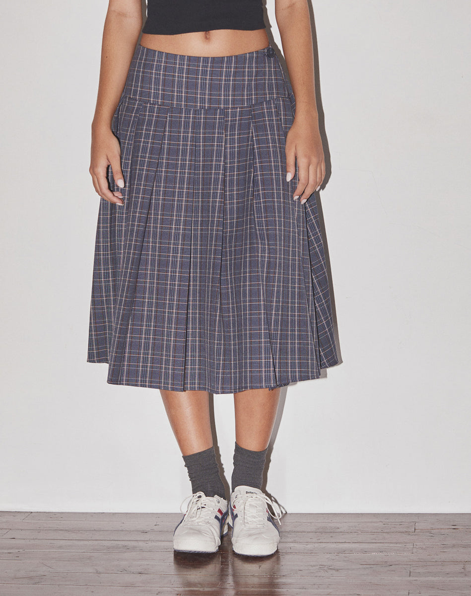 Navy Check Pleated Midi Skirt | Catelyn – motelrocks.com