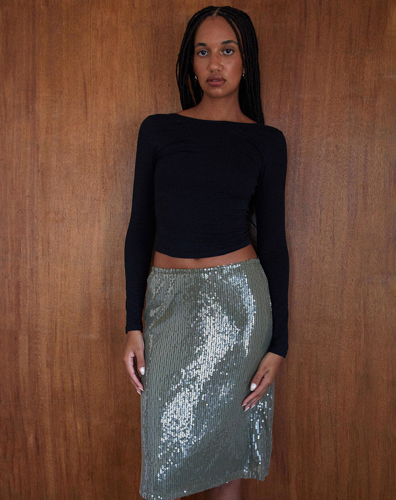 Khaki sequin shop split midi skirt