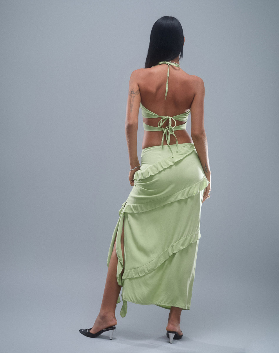 Electra Ruched Panelled Cotton Maxi Skirt in Pastel Green