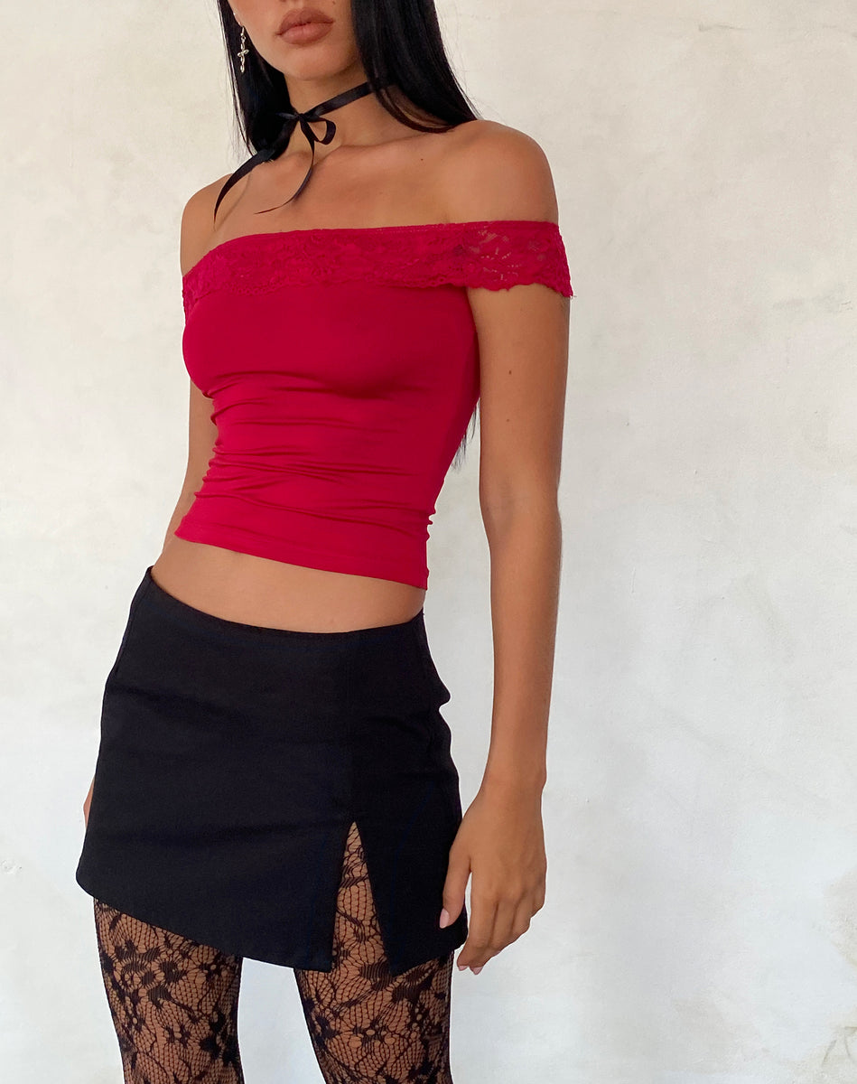 Nesel Bardot Top in Slinky Lace Red