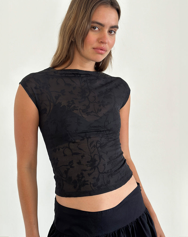 Black mesh top with flowers on sale