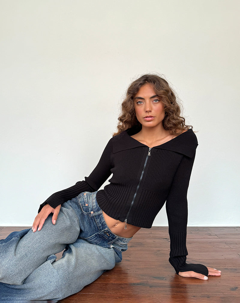 Black Long Sleeve Off Shoulder Zip Through Jumper Radia