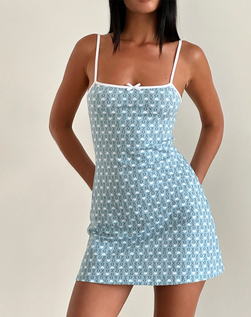 Powder Blue XO Heart Print with White Binding Mini Dress | Riniko 