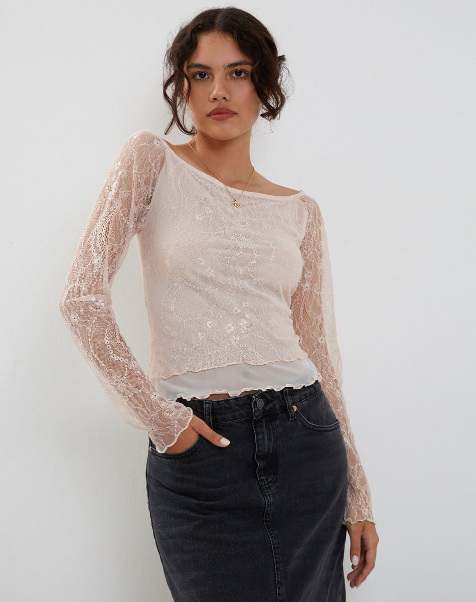 Pink Long Sleeve Lace Top