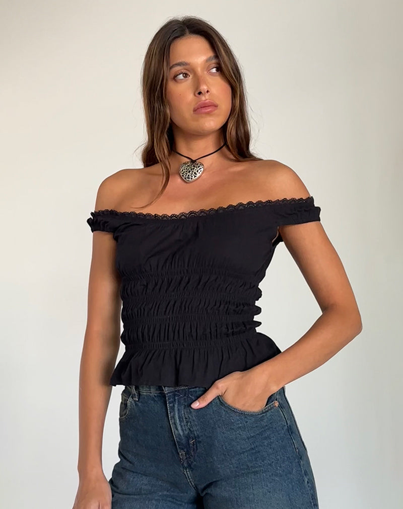 Black Poplin Shirred Bardot Top Xavinia motelrocks