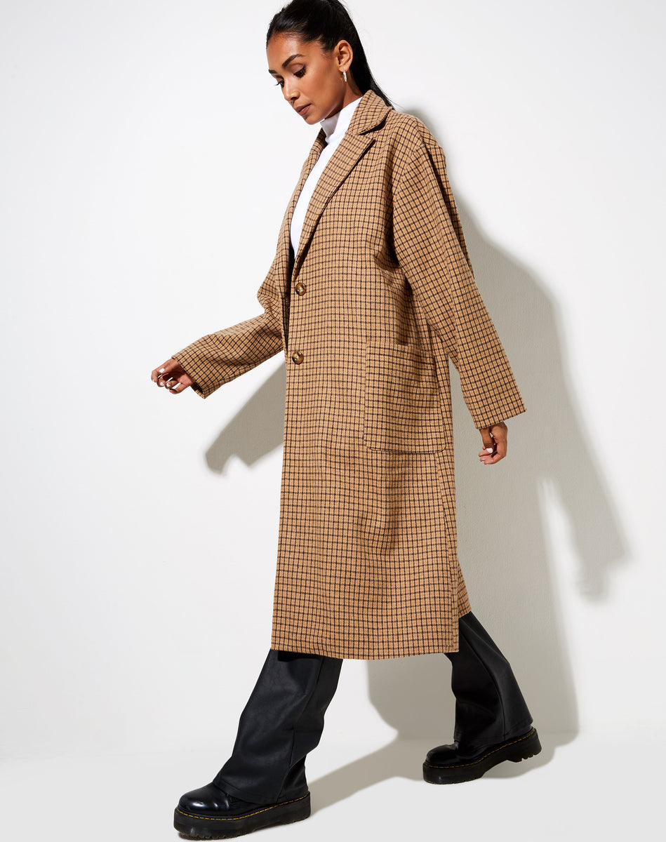 Brown Check Longline Coat  Duster –