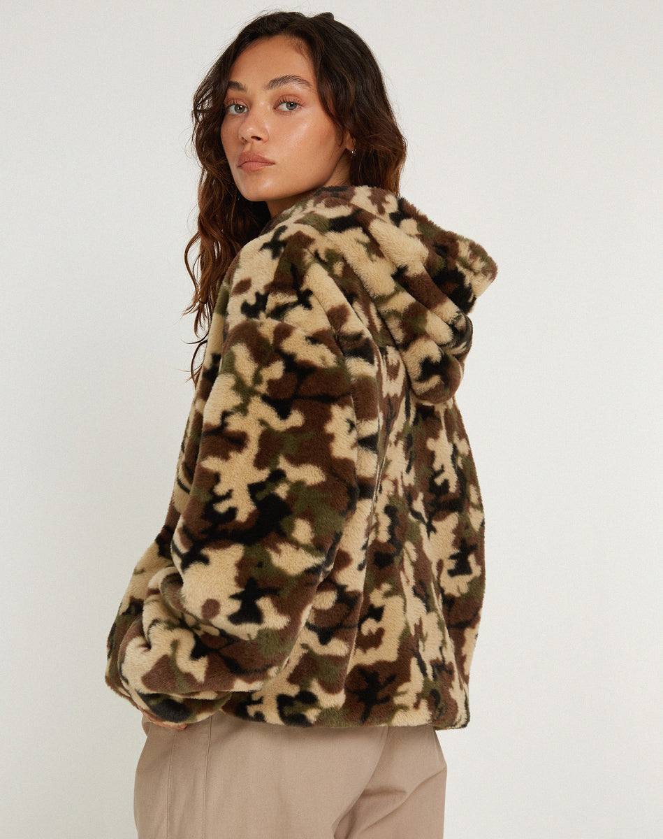 Camo Brown Pebble Faux Fur Hooded Jacket | Emerson