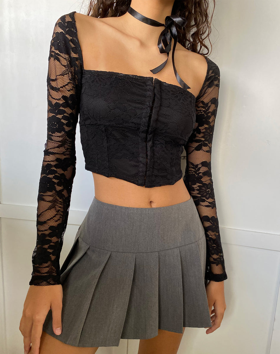 Khafila Long Sleeve Corset Top in Lace Black