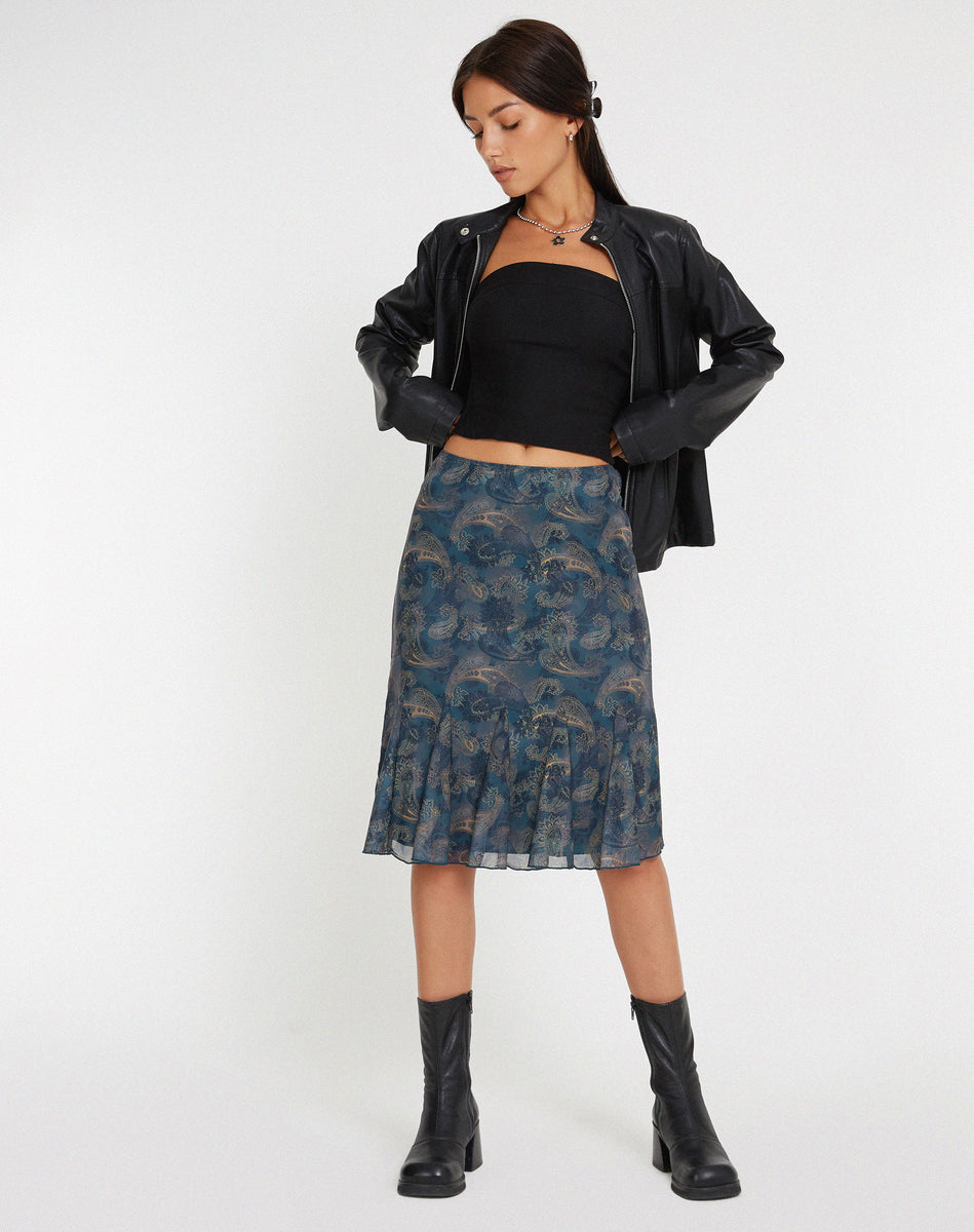 Tonal Blue Paisley Mesh Midi Skirt | Latrix – motelrocks.com