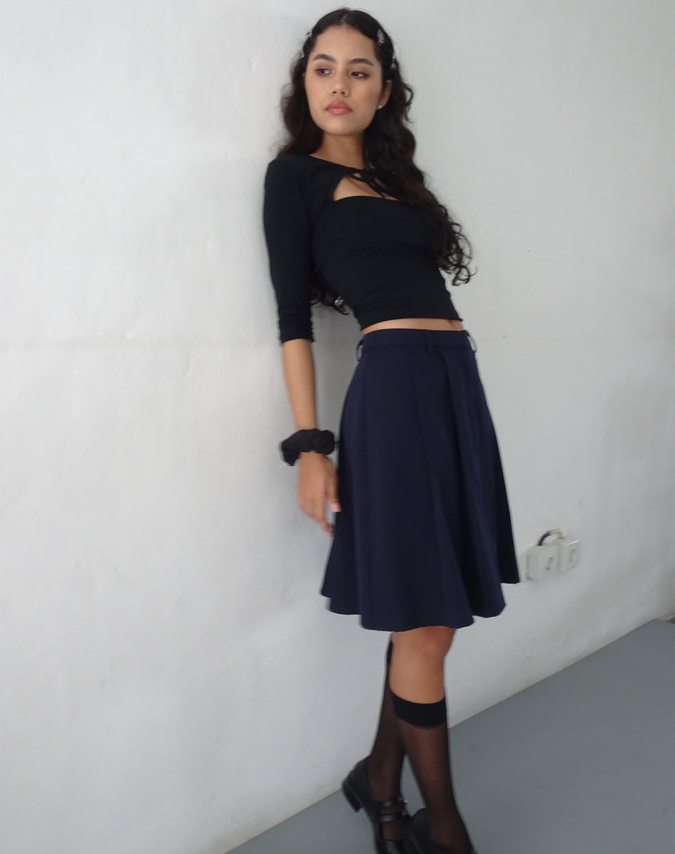 Navy Pleated Knee Length Skirt Navy motelrocks