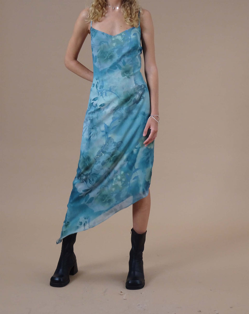 Watercolour Floral Blue Midi Dress Preston