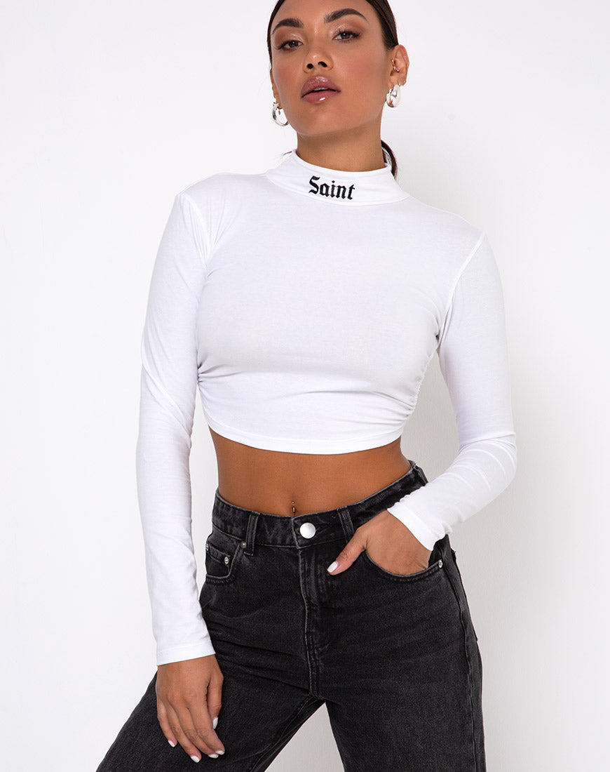 White Long Sleeve Turtle Neck Crop Top