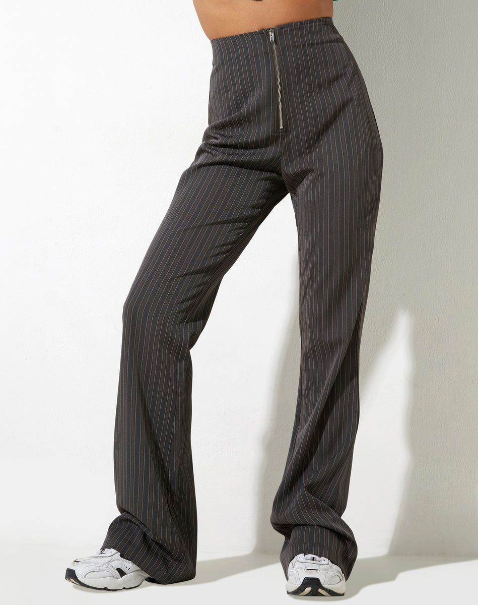 Grey Stripe High Waisted Zip Fastening Trouser | Zorah