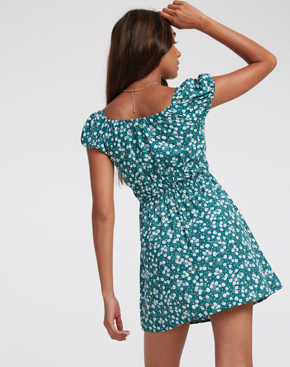 Green Floral Short Sleeve Mini Dress | Galova – motelrocks.com