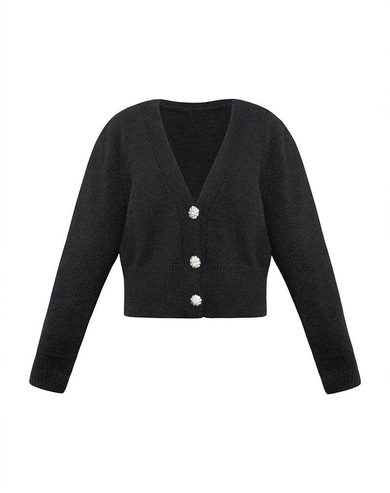 Image of Acera Knitted Cardigan in Black with Silver Flower Buttons