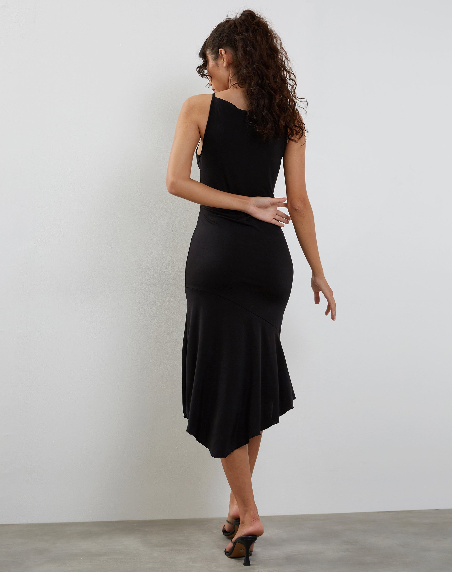 Asymmetric hem hot sale midi dress