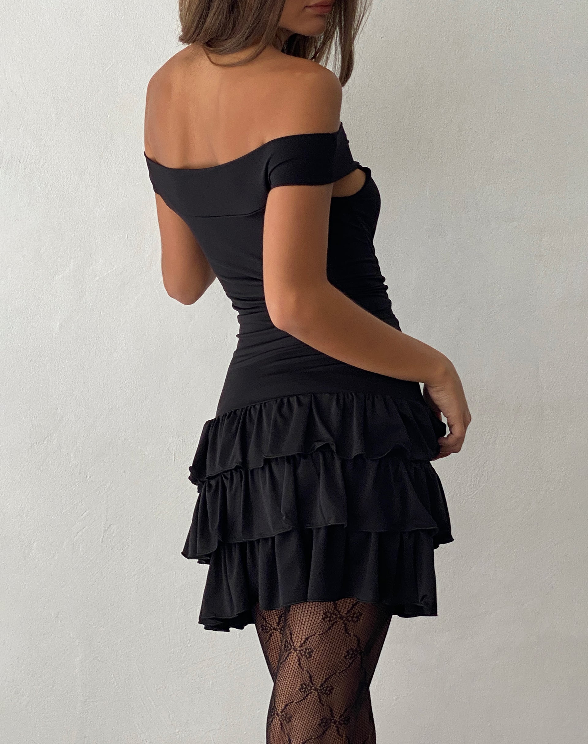 Black bardot hot sale ruffle dress