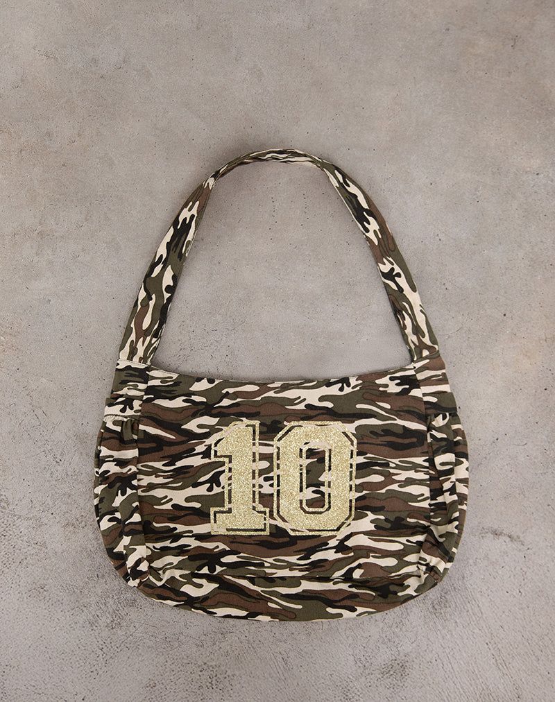 Aimia Shoulder Bag in Camouflage Brown with Number 10 Print