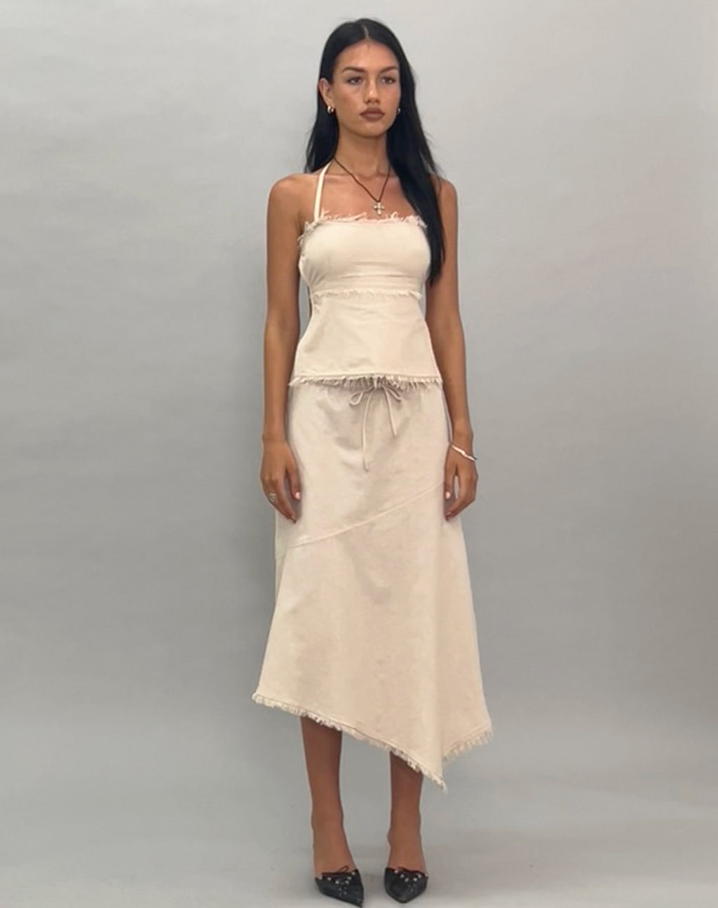 Yvaine Asymmetric Midi Skirt in Ecru