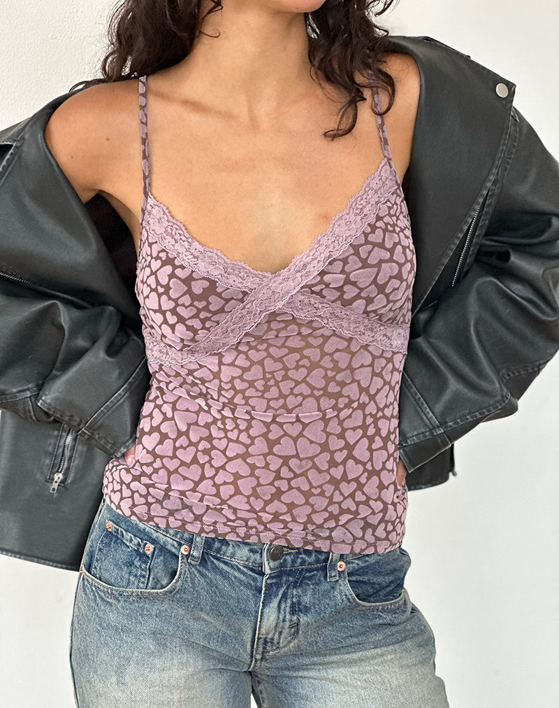 Alcesta Top in Brown Flock Mesh with Pink Heart Print