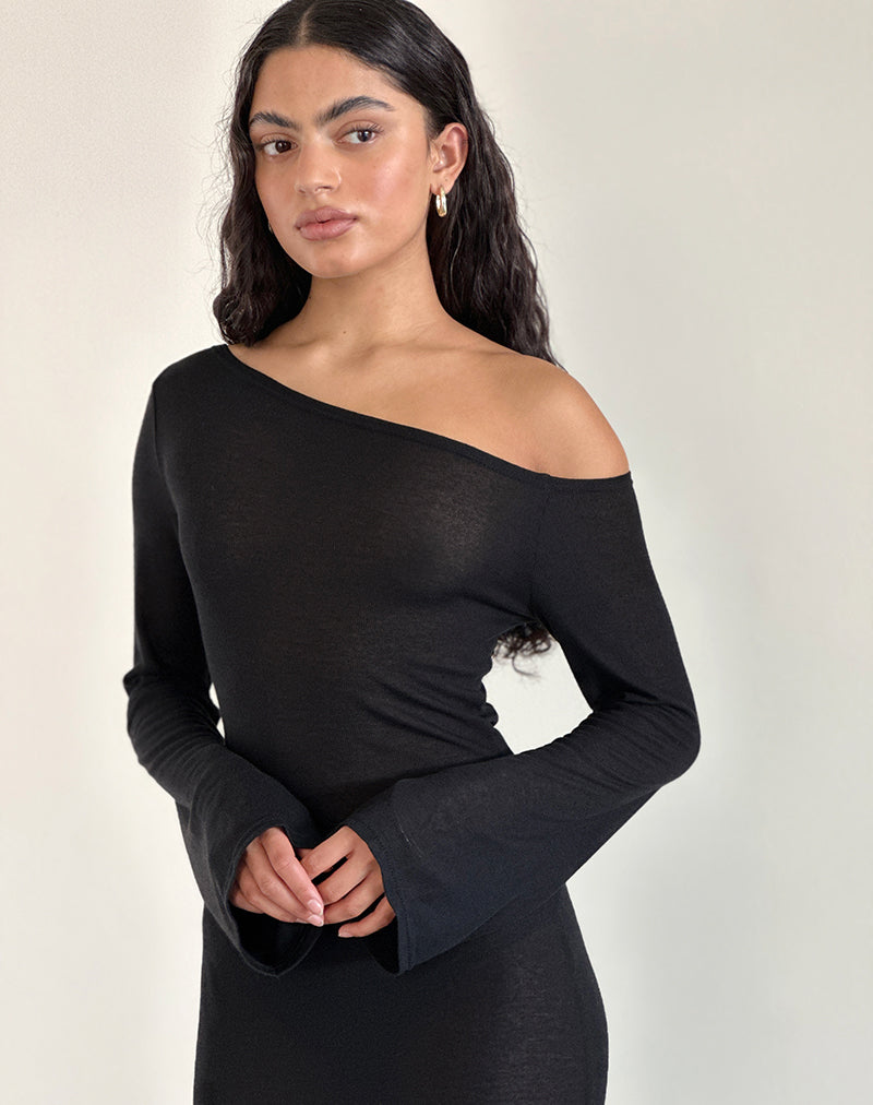 image of Aldiana Long Sleeve Asymmetric Maxi Dress in Sheer Knit Black