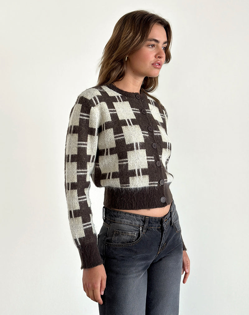 Image of Anzio Knitted Cardigan in Check Brown