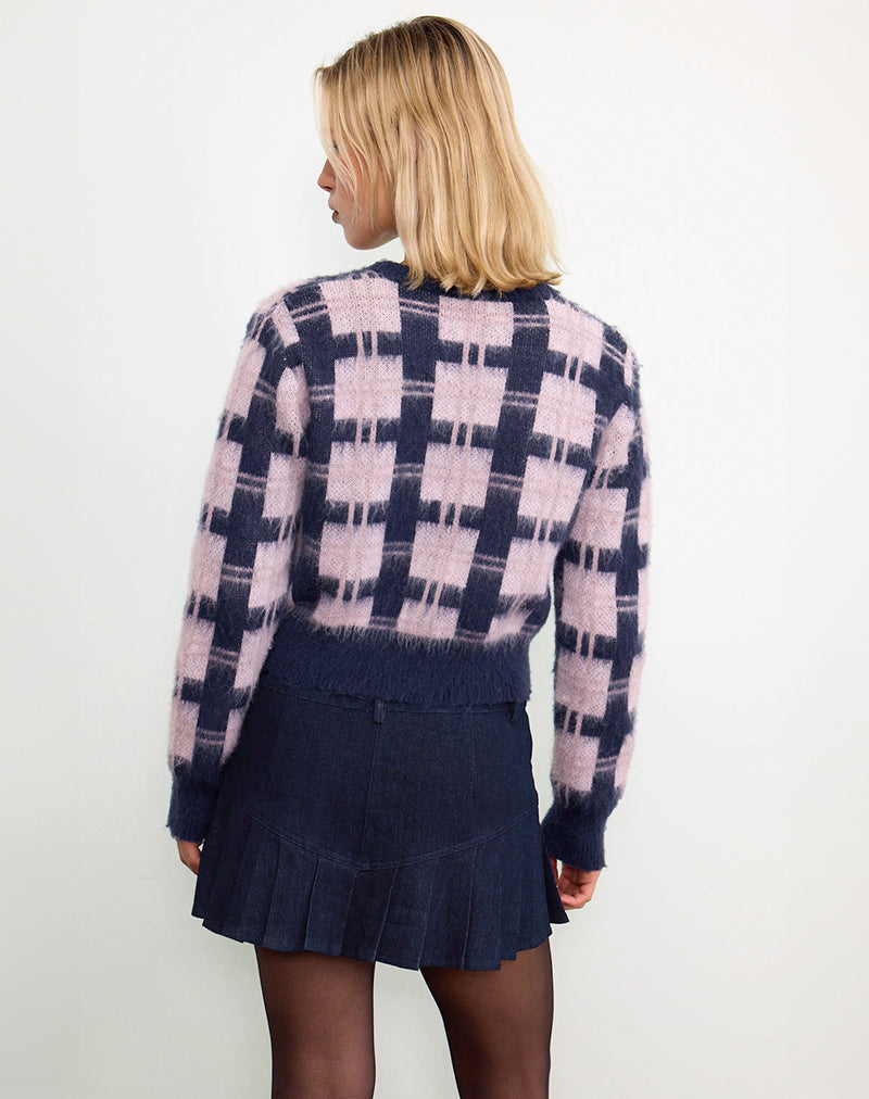 Image of Anzio Button Up Cardi In Multi Check Navy and Pink