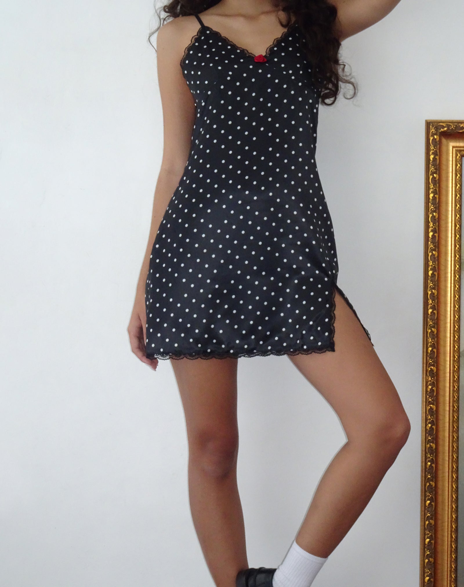 Polka Black Satin Mini Dress | Astrid – Motelrocks.Com