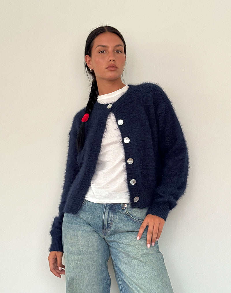 Navy Fluffy Knit Cardigan | Audrina – motelrocks.com