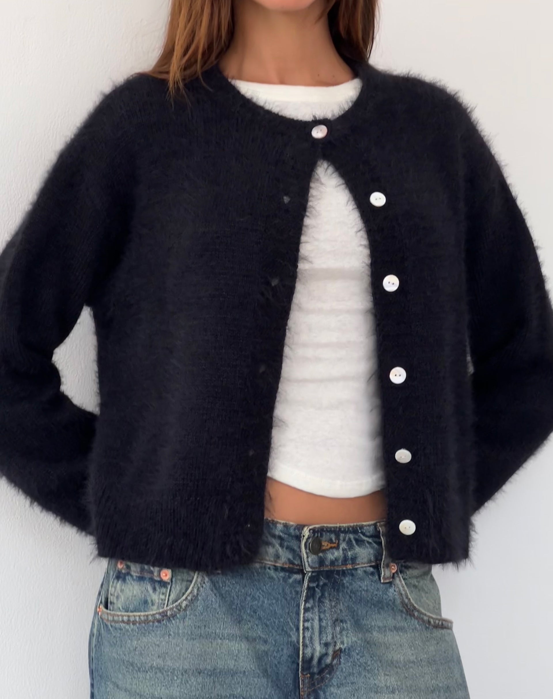 Black Fluffy Knit Cardigan | Audrina – motelrocks.com