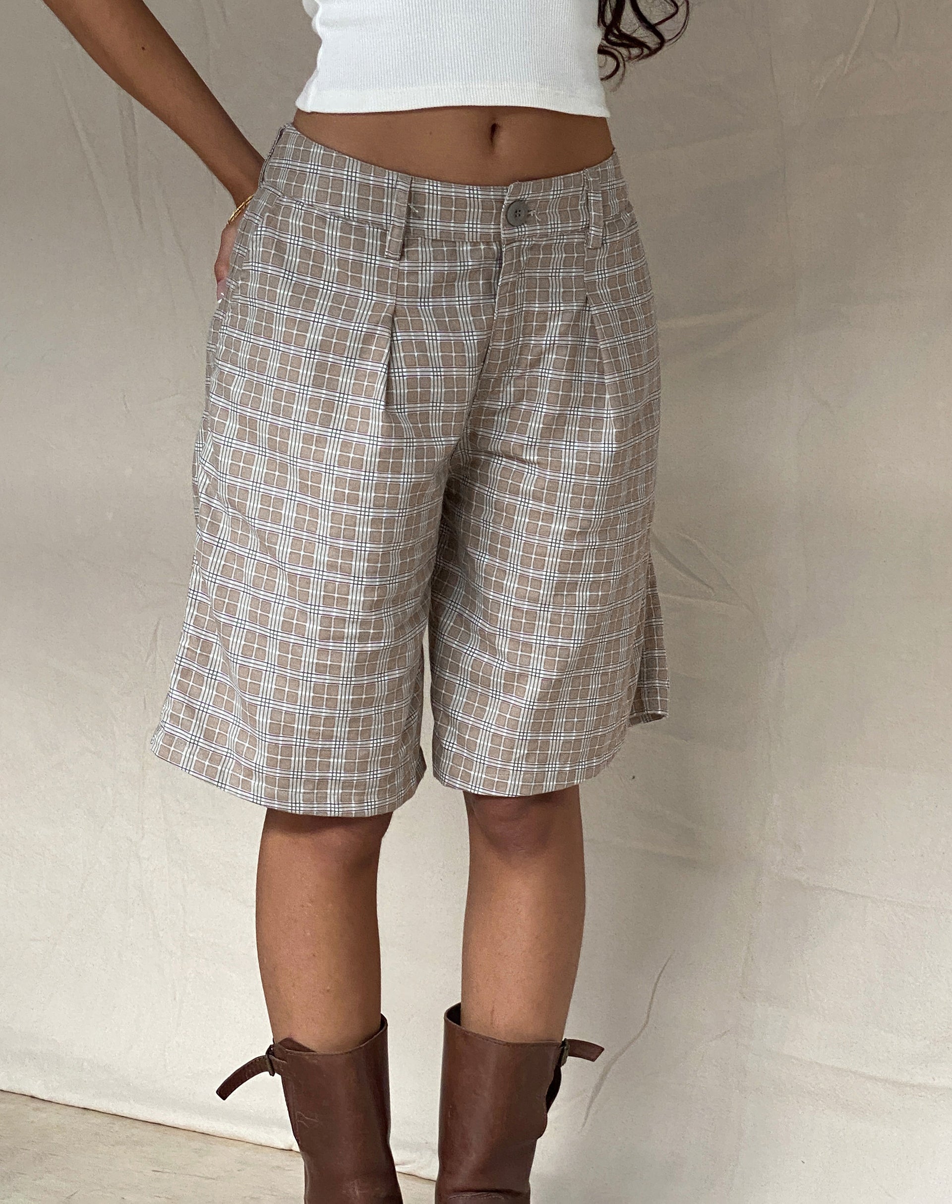 image of Gail Longline Shorts in Taupe Check