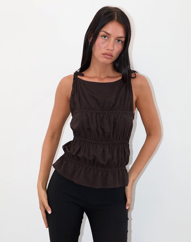 Image of Beck Ruched Tie Strap Top in Bitter Chocolate