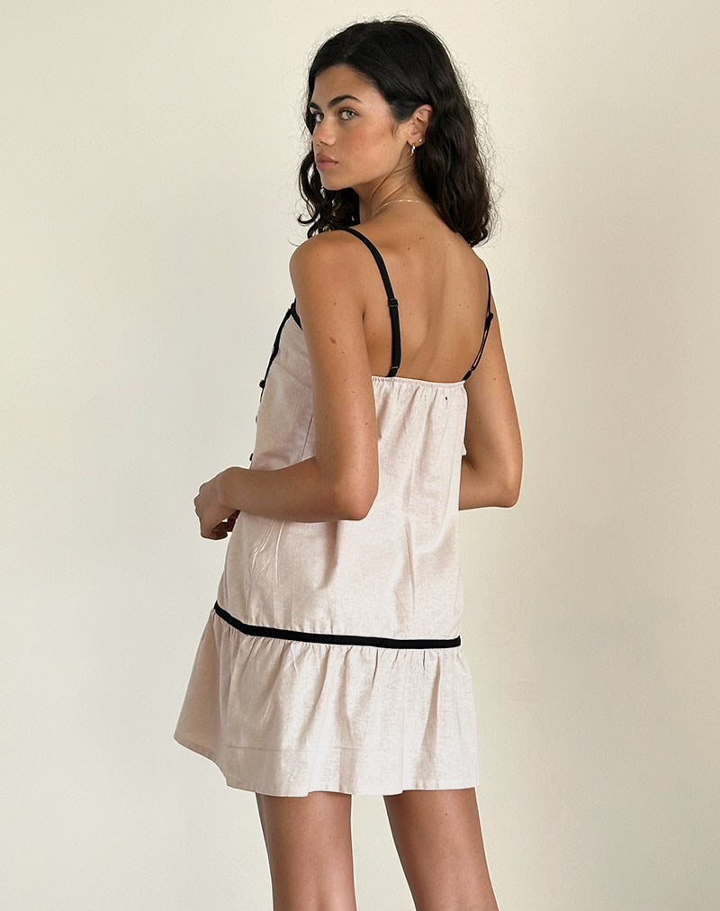 Berin Mini Tea Dress in Linen Ecru with Black Binding