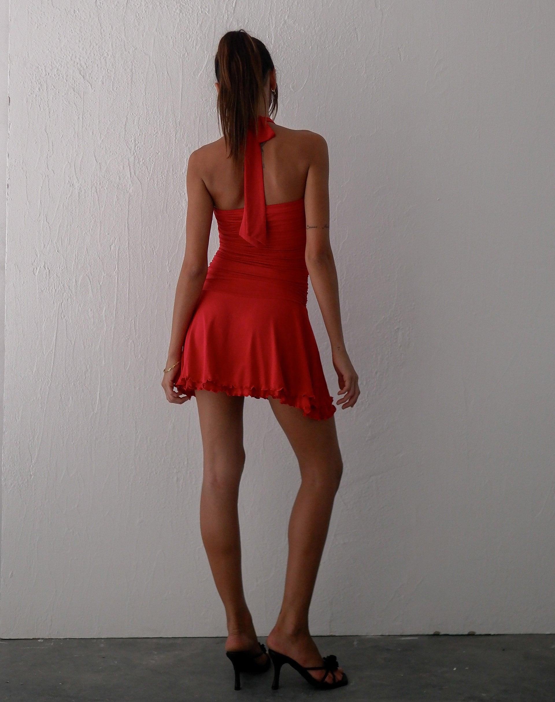 Red halterneck hot sale mini dress