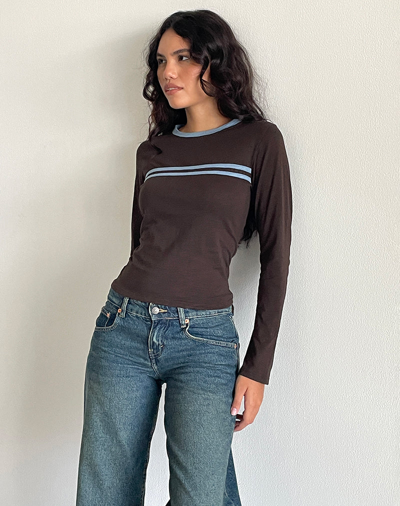 Image of Bonjita Top in Chocolate Brown with Ash Blue Two Stripe Binding