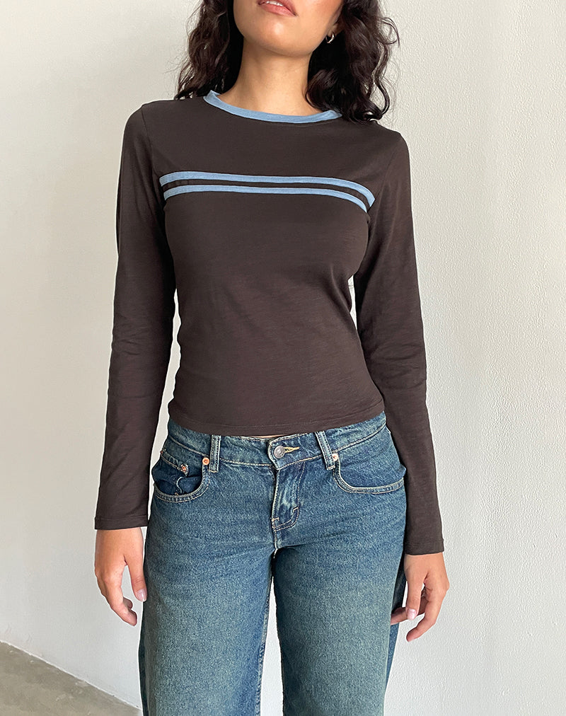 Image of Bonjita Top in Chocolate Brown with Ash Blue Two Stripe Binding