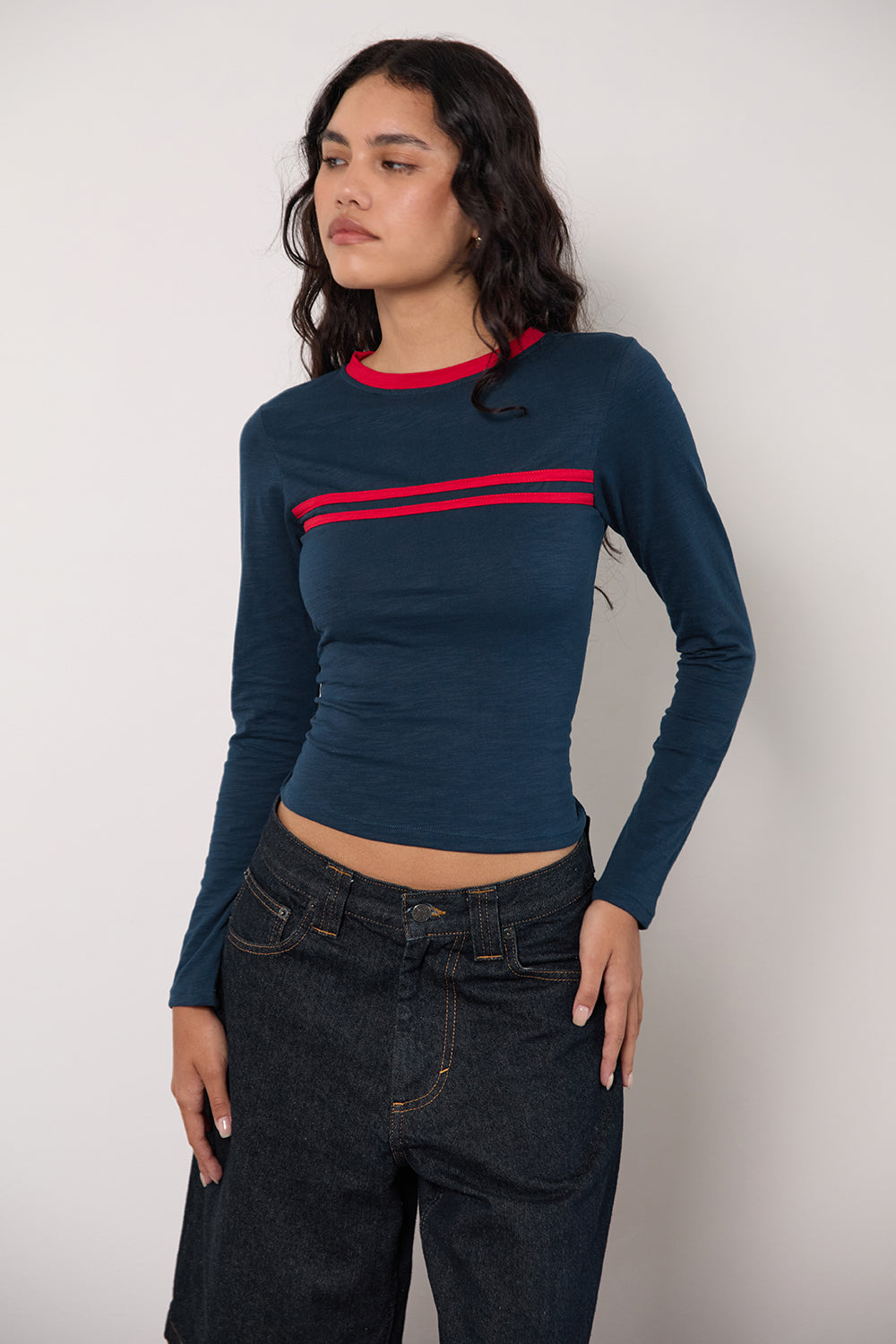 Bonjita Top in Navy with Tango Red Binding