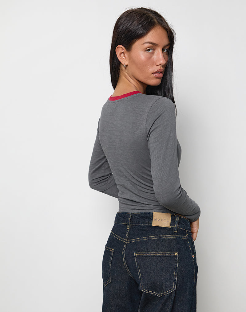 Image of Bonjita Long Sleeve Top in Storm Grey with Adrenaline Red Binding