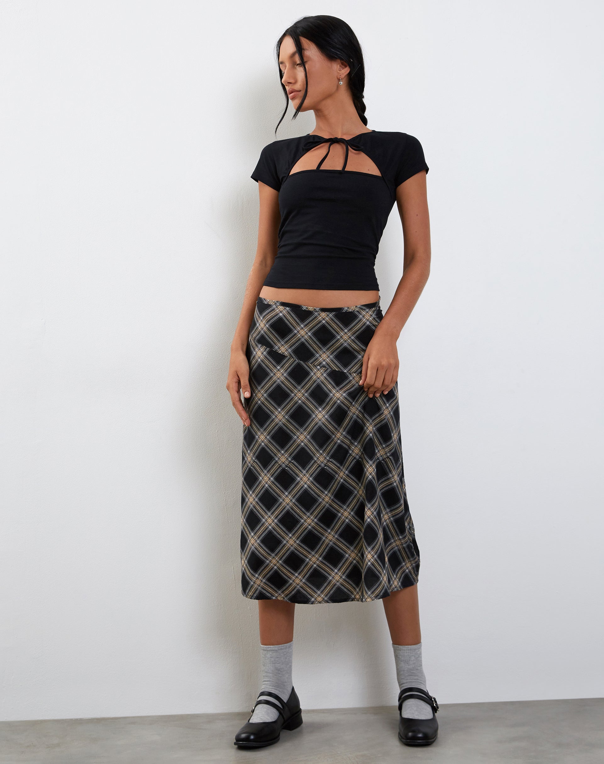 Black and Grey Check Midi Skirt | Brella – motelrocks.com