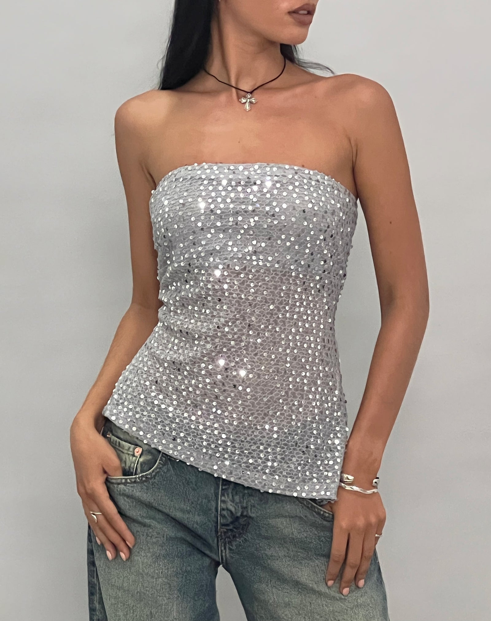 Sequin Knit Silver Bandeau Top Brilia