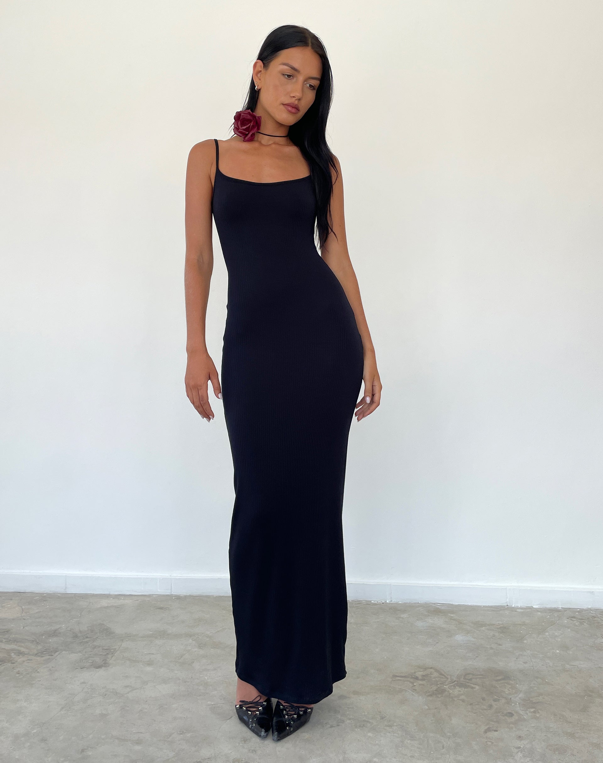 Black ribbed cheap maxi dress