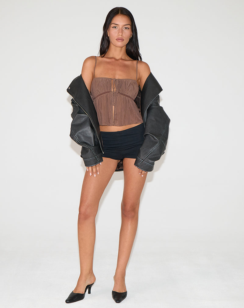 Carmina Tie Front Cami Top in Mesh Brown