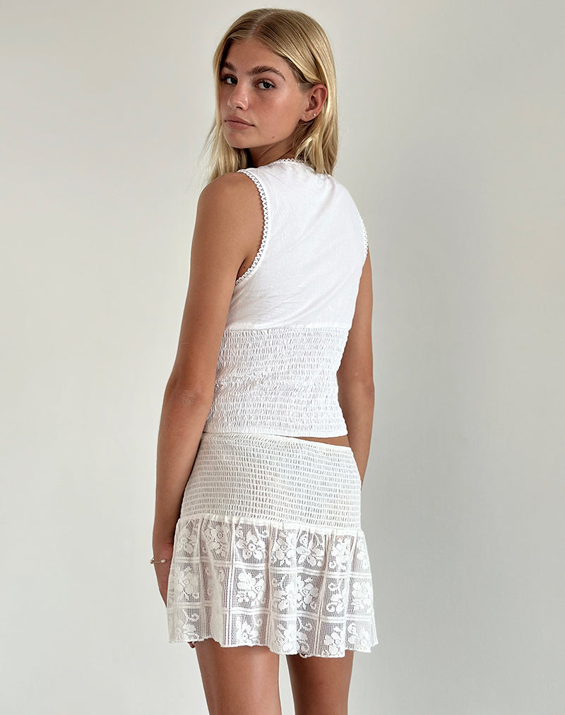 Image of Cathyna Crochet Shirred Mini Skirt in Poplin White