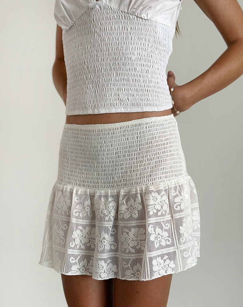 Image of Cathyna Crochet Shirred Mini Skirt in Poplin White