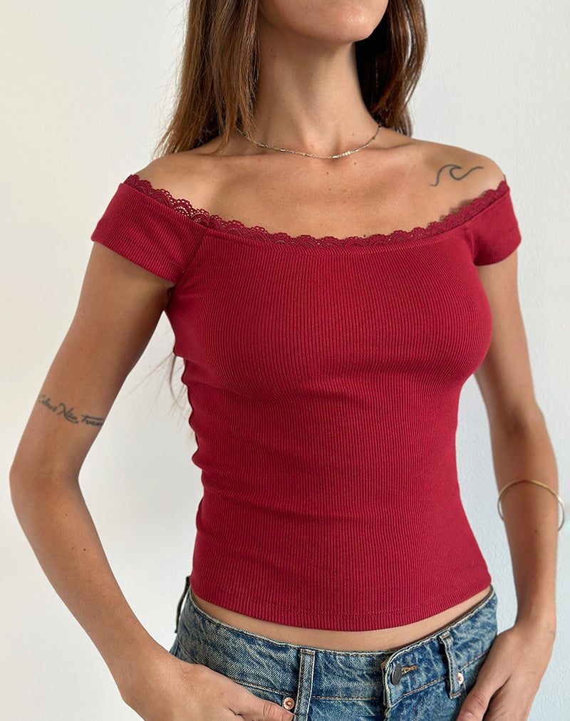 Image of Chacha Ribbed Top in Adrenaline Red with Lace Trim