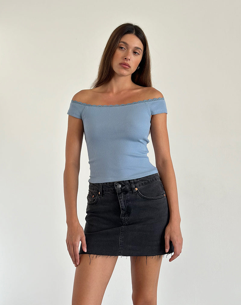 Chacha Ribbed Bardot Top in Nantucket Blue Lace