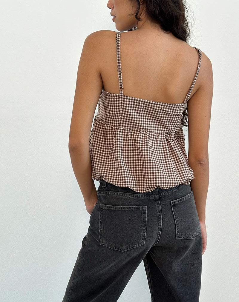 Image of Charlita Frill Cami Top in Mini Gingham Brown