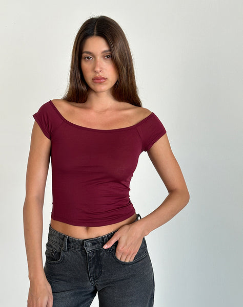 Trixxi Women's outlet Off Shoulder Cropped Top Zip Back Built In Bra Burgundy Red Sz 7